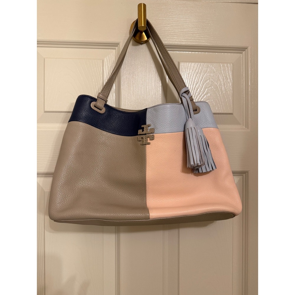 Tory Burch McGraw Colorblock Pebbled Leather Tote Bag Taupe Navy Peach